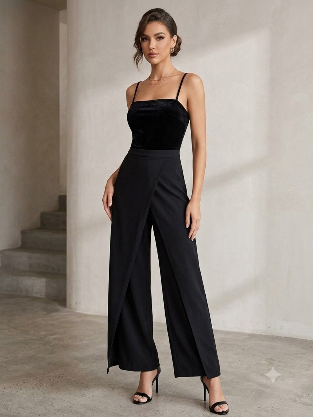 White House Black Market Black Velvet Bodice Wrap Front Wide-Leg Jumpsuit